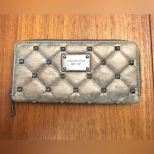 MK Michael Kors Quilted Metallic Square Studded Leather Zip Around Wallet